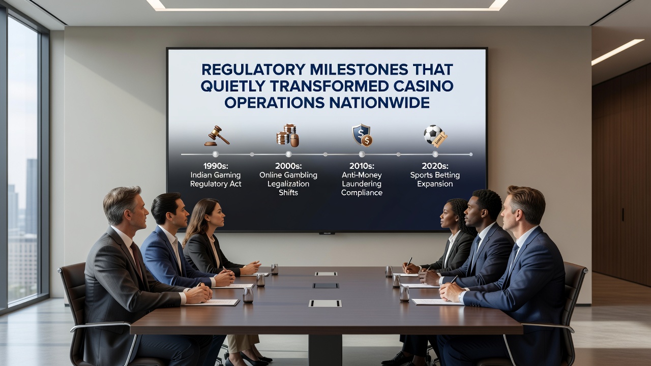 Casino floor operations with compliance officers reviewing updated regulatory guidelines on digital tablets